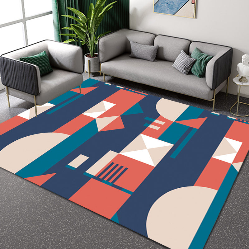 Orange and Blue Bedroom Rug Modern Color Block Pattern Area Rug Polyester Stain Resistant Rug | Bowlift