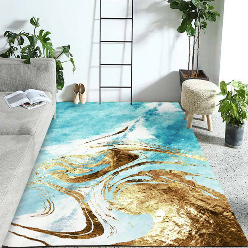Blue and gold bedroom rug modern abstract pattern area rug made of polyester stain-resistant rug | Bowlift