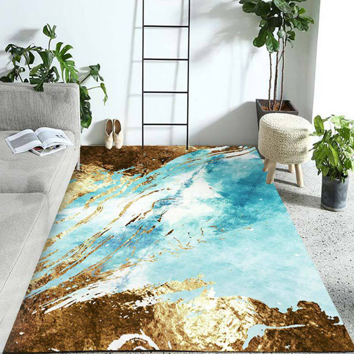 Blue and gold bedroom rug modern abstract pattern area rug made of polyester stain-resistant rug | Bowlift