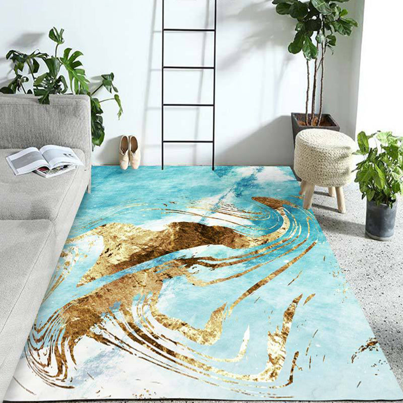 Blue and gold bedroom rug modern abstract pattern area rug made of polyester stain-resistant rug | Bowlift