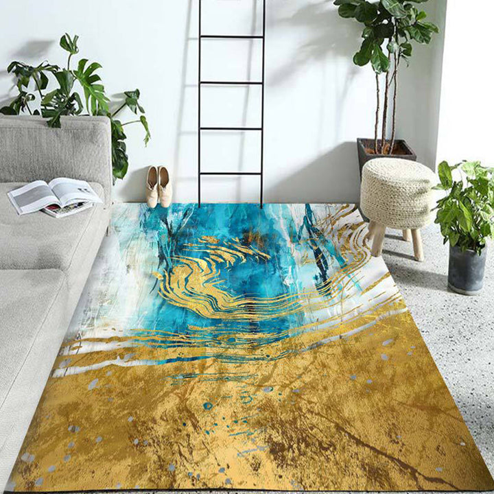 Blue and gold bedroom rug modern abstract pattern area rug made of polyester stain-resistant rug | Bowlift