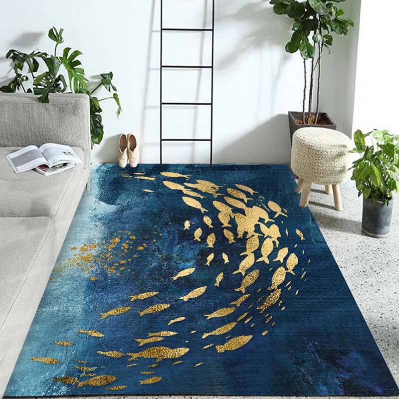 Blue and gold bedroom rug modern abstract pattern area rug made of polyester stain-resistant rug | Bowlift