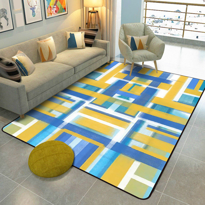 Casual modern rug in black and blue abstract rectangular pattern rug polyester pet-friendly rug for home decoration | Bowlift