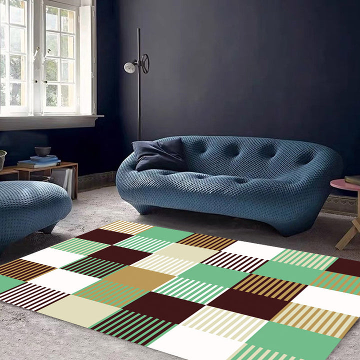 Modern rug for the living room in green and pink checkered stripe pattern rug polyester machine washable rug for the area | Bowlift
