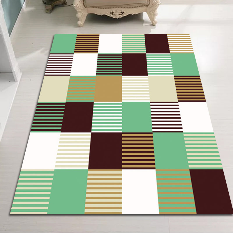 Modern rug for the living room in green and pink checkered stripe pattern rug polyester machine washable rug for the area | Bowlift