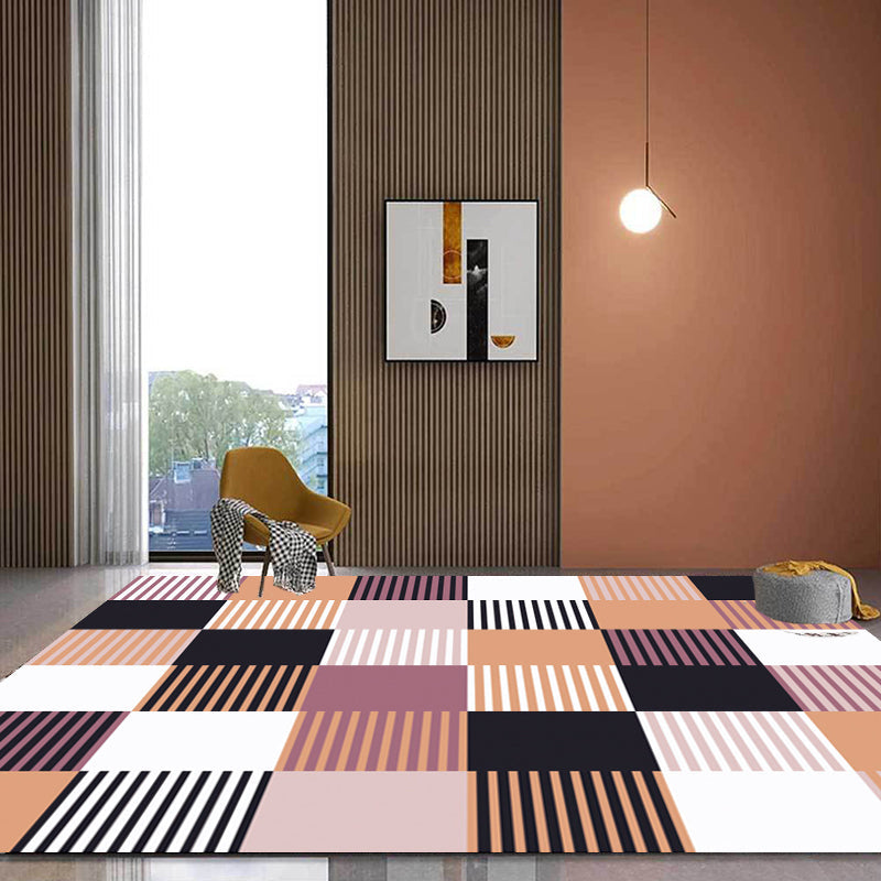 Modern rug for the living room in green and pink checkered stripe pattern rug polyester machine washable rug for the area | Bowlift