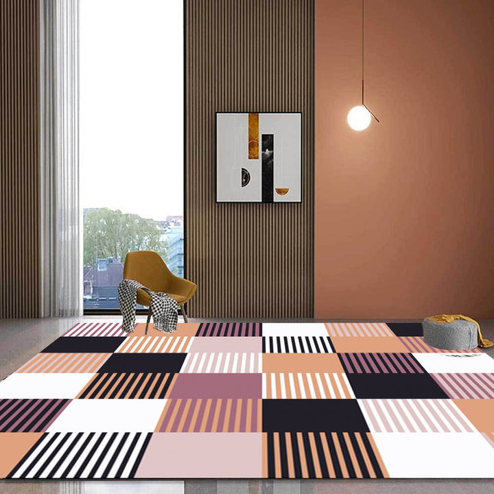 Modern rug for the living room in green and pink checkered stripe pattern rug polyester machine washable rug for the area | Bowlift