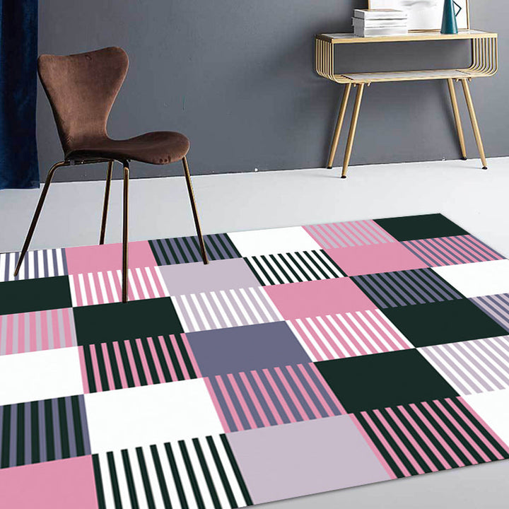 Modern rug for the living room in green and pink checkered stripe pattern rug polyester machine washable rug for the area | Bowlift