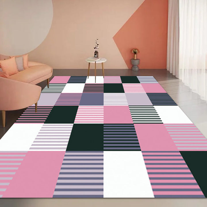 Modern rug for the living room in green and pink checkered stripe pattern rug polyester machine washable rug for the area | Bowlift