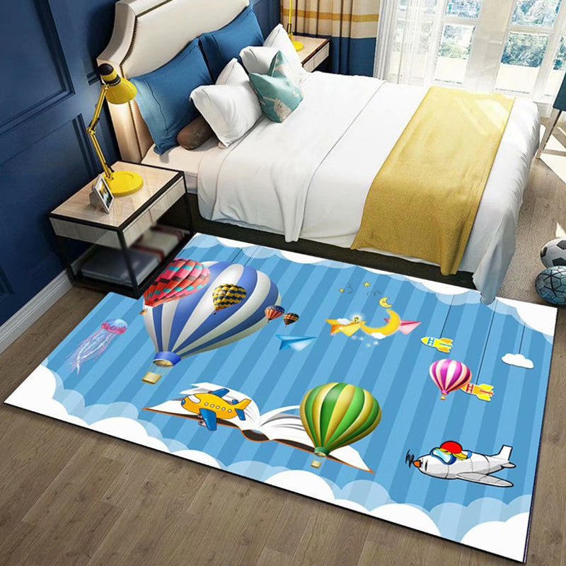 BowLift | Beautiful Children's Rug in Blue and Pink with Fairy Tale Castle Balloon Pattern Rug Polyester Washable Rug for the Children's Room