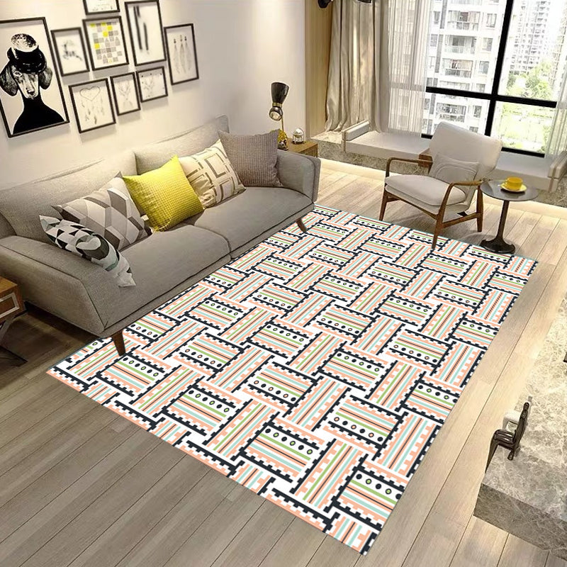 Pink Bedroom Rug Modern Striped Pattern Rug Polyester Washable Non-Slip Back Rug | Bowlift
