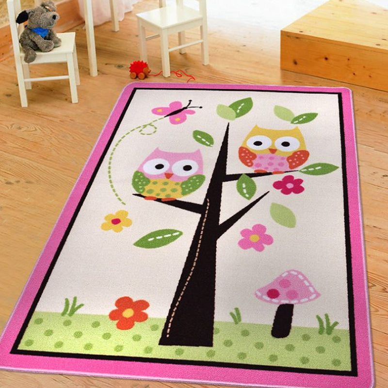 BowLift | Children Children's Room Rug in Pink and Green Animal Owl Flower Tree Print Rug Polyester Stain Resistant Area Rug