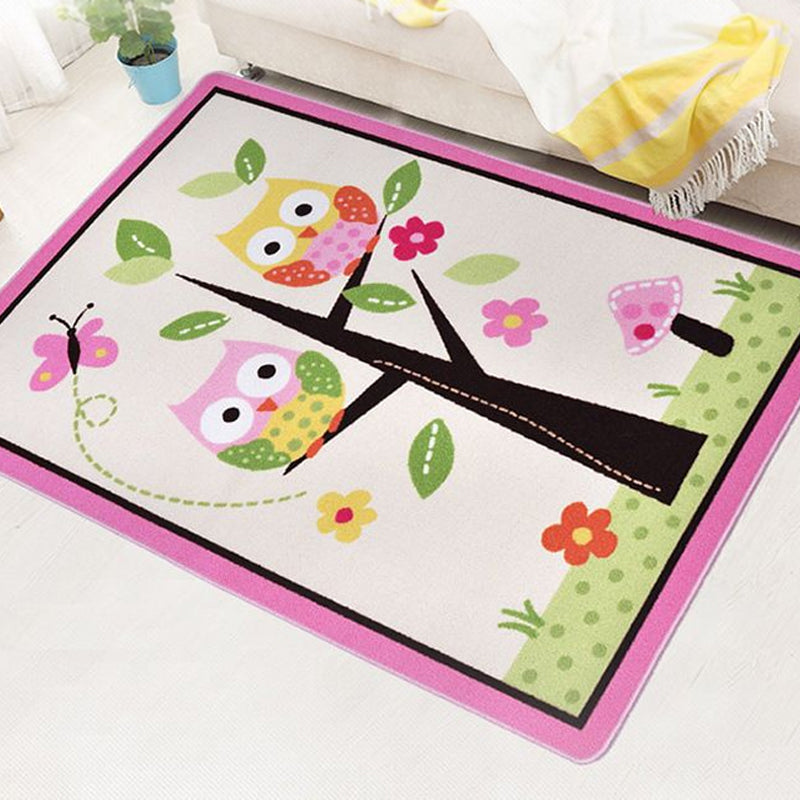 BowLift | Children Children's Room Rug in Pink and Green Animal Owl Flower Tree Print Rug Polyester Stain Resistant Area Rug