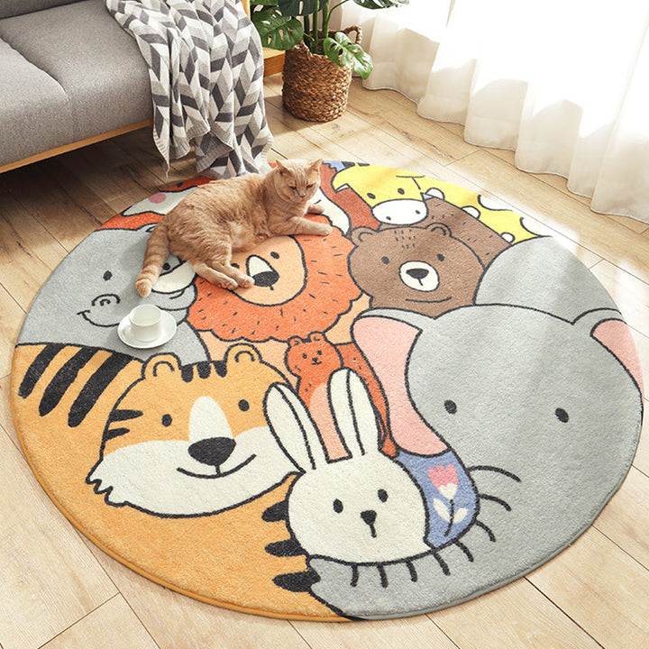BowLift | Stylish children's rug in green and brown with animal cat, leopard, and rabbit pattern, washable wool rug for the children's room