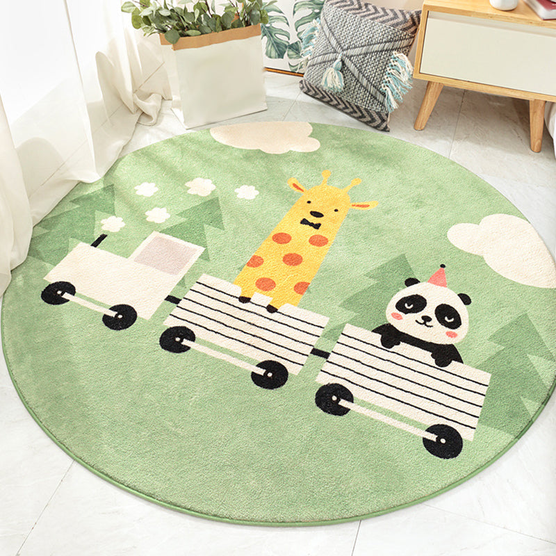 BowLift | Stylish children's rug in green and brown with animal cat, leopard, and rabbit pattern, washable wool rug for the children's room
