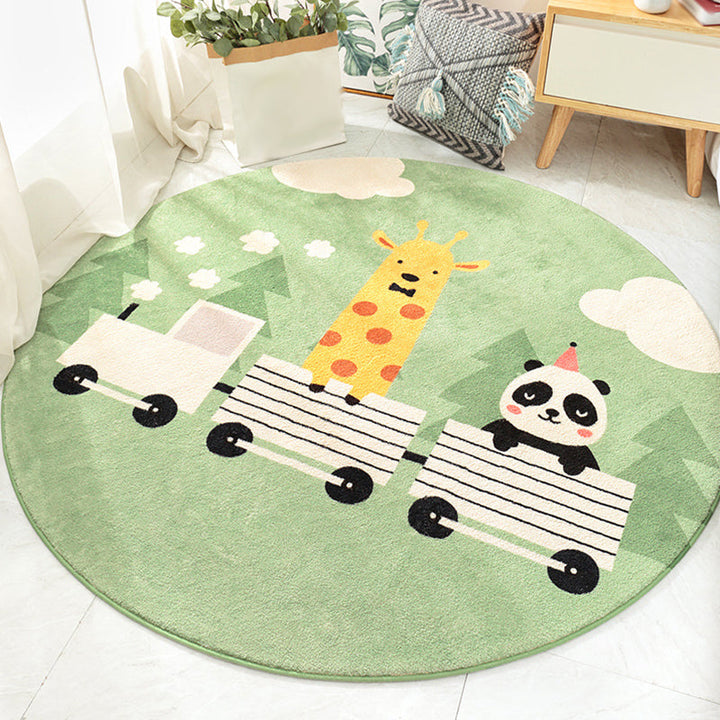 BowLift | Stylish children's rug in green and brown with animal cat, leopard, and rabbit pattern, washable wool rug for the children's room