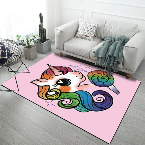 BowLift | Stylish Children's Carpet in Pink and Grey Animals Unicorn Rabbit Dog Pattern Rug Polyester Non-slip Rug for Kids' Room