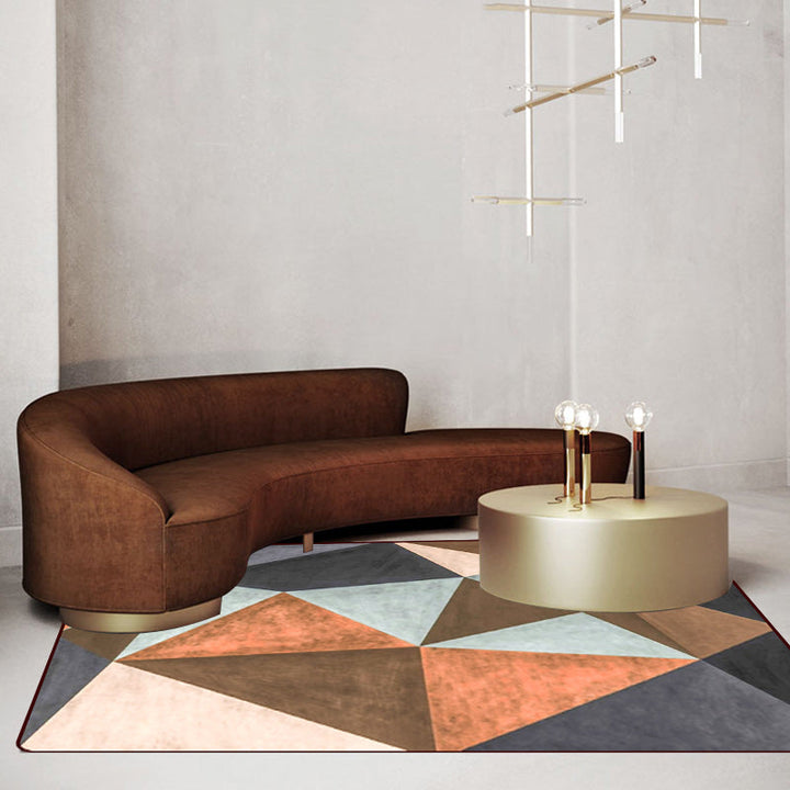 Modern living room rug in brown color block triangle print rug polyester non-slip pet-friendly area rug | Bowlift