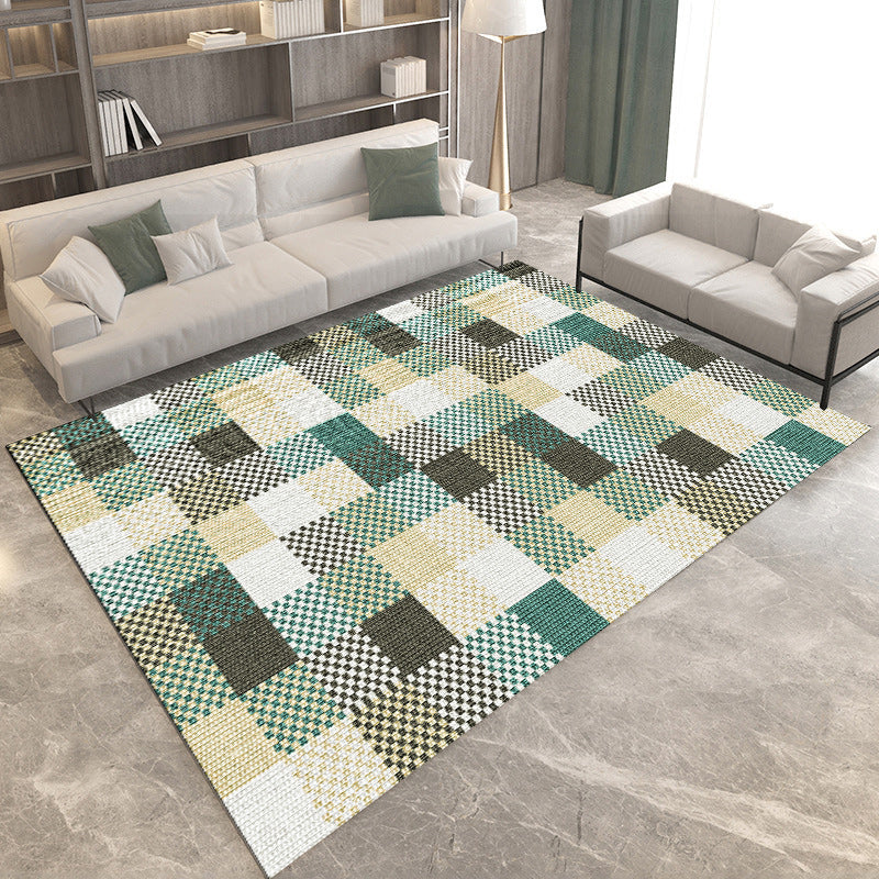 Modern living room rug in brown and green color block geometric print rug polyester non-slip backing rug for the area | Bowlift