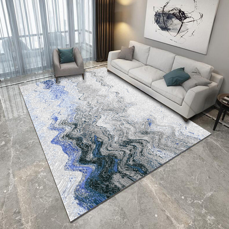 Blue and Gray Bedroom Rug Modern Abstract Brushstroke Painting Pattern Area Rug Polyester Pet-Friendly Rug | Bowlift