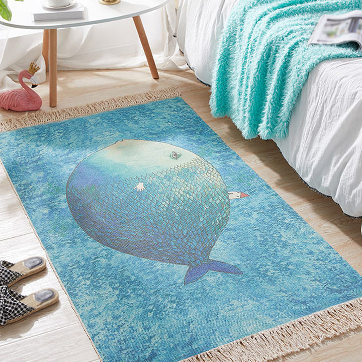BowLift | Blue Children's Room Carpet Children's Animal Fish Pattern Carpet made of Cotton and Linen Washable Carpet with Fringes