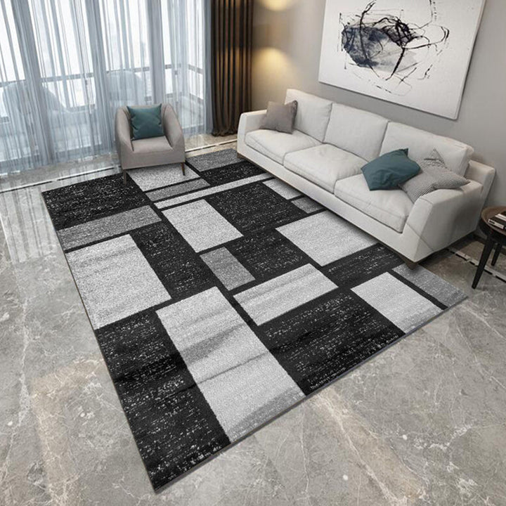 Blue and black bedroom rug modern abstract geometric patterned area rug polyester non-slip backing rug | Bowlift