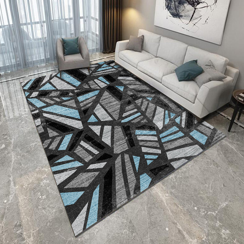 Blue and black bedroom rug modern abstract geometric patterned area rug polyester non-slip backing rug | Bowlift