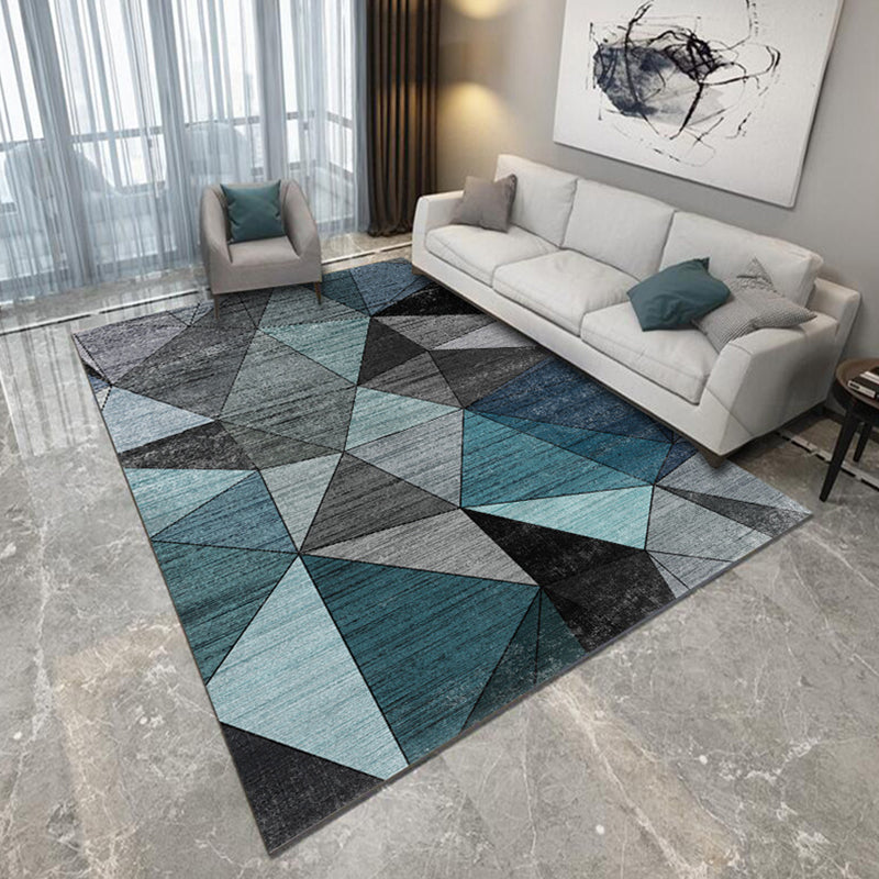 Blue and black bedroom rug modern abstract geometric patterned area rug polyester non-slip backing rug | Bowlift