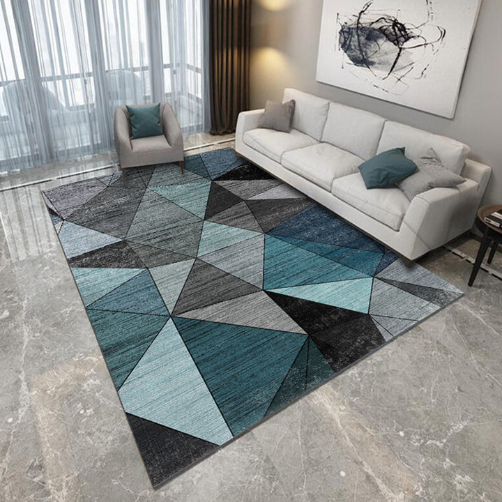 Blue and black bedroom rug modern abstract geometric patterned area rug polyester non-slip backing rug | Bowlift