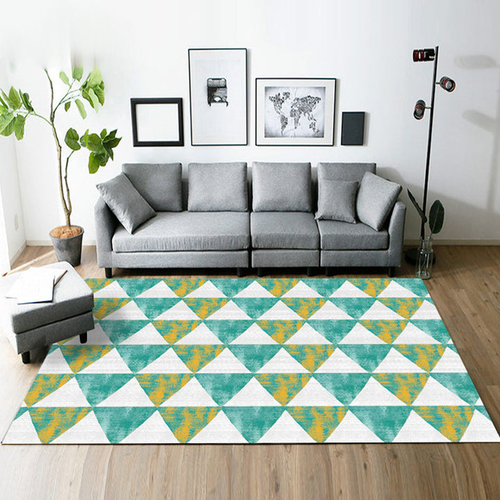 Modern living room rug in gray and green Geometric triangle pattern rug Polyester pet-friendly area rug | Bowlift