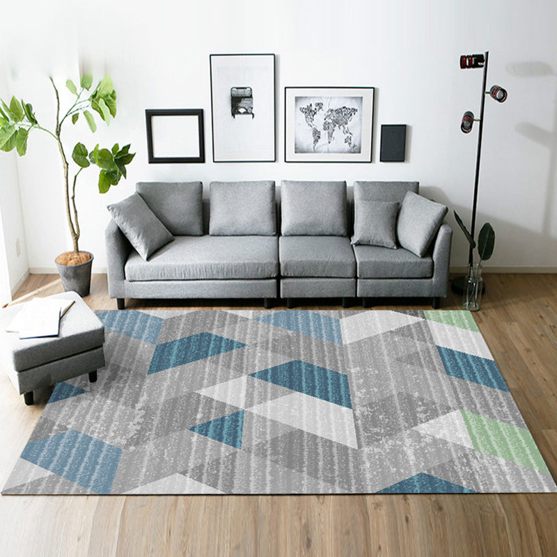 Modern living room rug in gray and green Geometric triangle pattern rug Polyester pet-friendly area rug | Bowlift