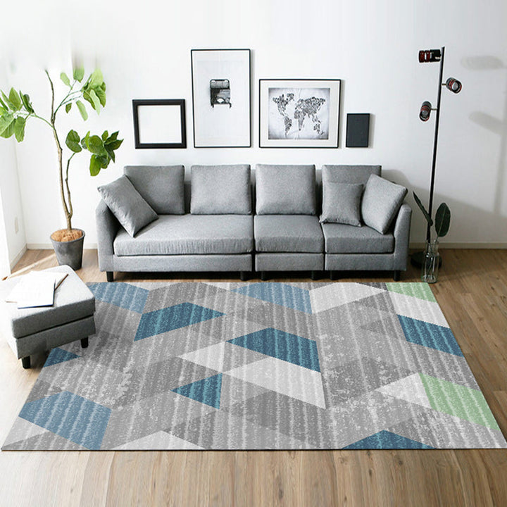 Modern living room rug in gray and green Geometric triangle pattern rug Polyester pet-friendly area rug | Bowlift