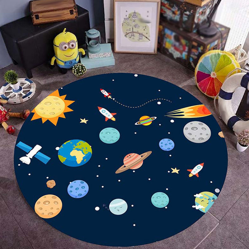 BowLift | Blue rug for the children's room space planet galaxy airplane pattern area rug polyester non-slip rug