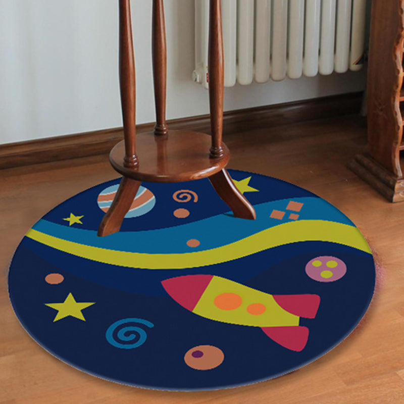 BowLift | Blue rug for the children's room space planet galaxy airplane pattern area rug polyester non-slip rug