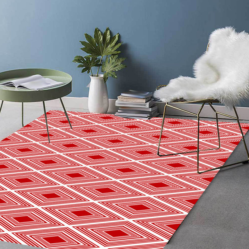 Red Bedroom Carpet Modern Checkered Pattern Diamond Pattern Rug Polyester Washable Stain Resistant Rug | Bowlift