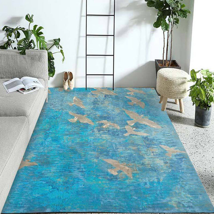Modern living room rug in gold and blue Abstract twisted lines print rug Polyester pet-friendly rug | Bowlift