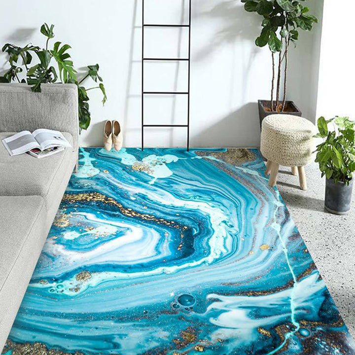 Modern living room rug in gold and blue Abstract twisted lines print rug Polyester pet-friendly rug | Bowlift