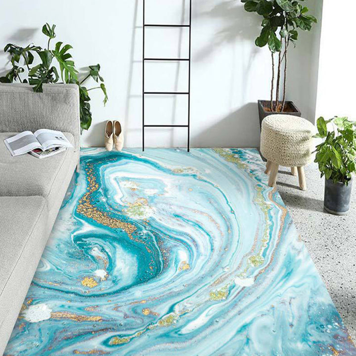 Modern living room rug in gold and blue Abstract twisted lines print rug Polyester pet-friendly rug | Bowlift