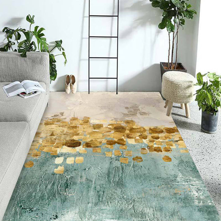 Modern living room rug in gold and blue Abstract twisted lines print rug Polyester pet-friendly rug | Bowlift