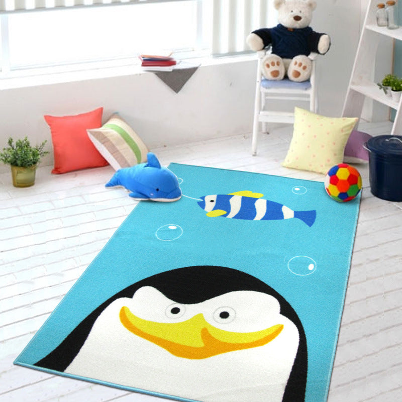 BowLift | Cute Kids Rug in Green and Blue Animals Lion Panda Penguin Pattern Rug Polyester Non-Slip Carpet for Children's Room