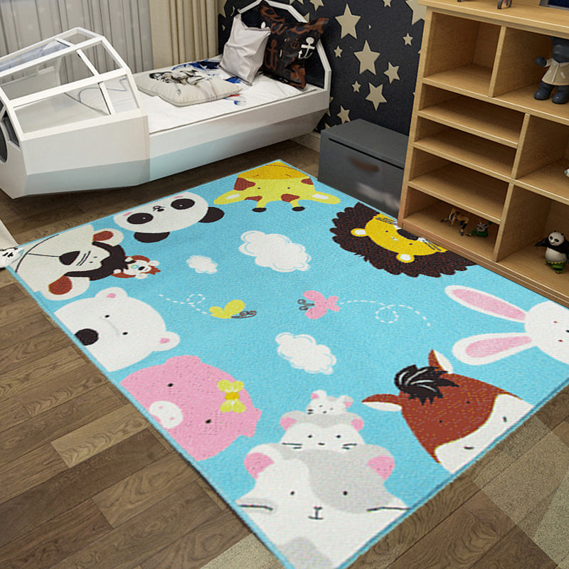 BowLift | Cute Kids Rug in Green and Blue Animals Lion Panda Penguin Pattern Rug Polyester Non-Slip Carpet for Children's Room