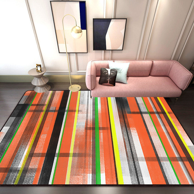 Minimalist modern rug in orange and blue with abstract stripe pattern rug polyester washable rug for home decor | Bowlift