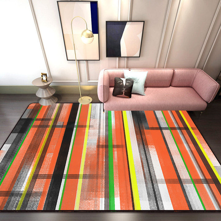 Minimalist modern rug in orange and blue with abstract stripe pattern rug polyester washable rug for home decor | Bowlift