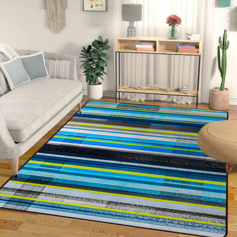 Minimalist modern rug in orange and blue with abstract stripe pattern rug polyester washable rug for home decor | Bowlift