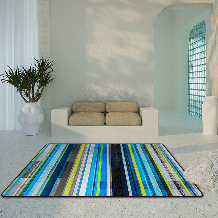 Minimalist modern rug in orange and blue with abstract stripe pattern rug polyester washable rug for home decor | Bowlift