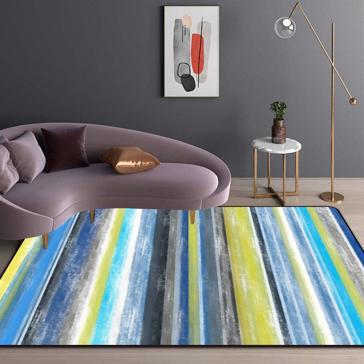 Minimalist modern rug in orange and blue with abstract stripe pattern rug polyester washable rug for home decor | Bowlift