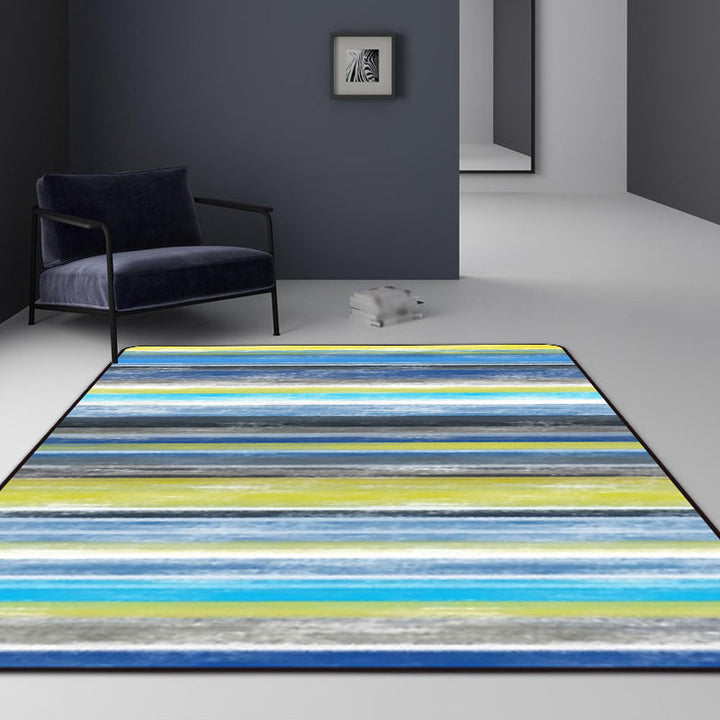 Minimalist modern rug in orange and blue with abstract stripe pattern rug polyester washable rug for home decor | Bowlift