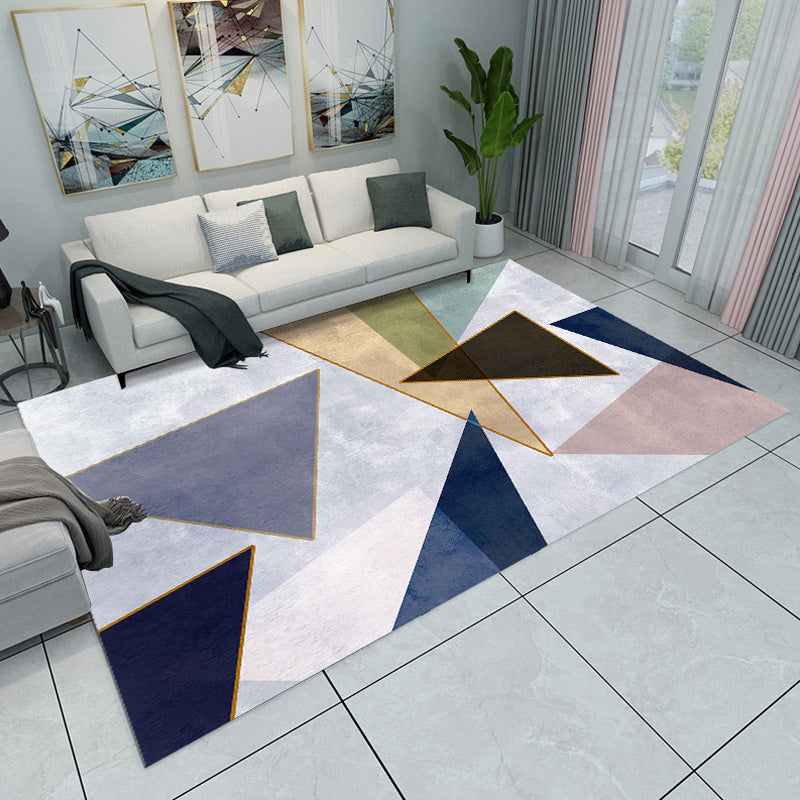 Modern living room rug in blue and gray color block triangle pattern rug polyester machine-supported rug | Bowlift