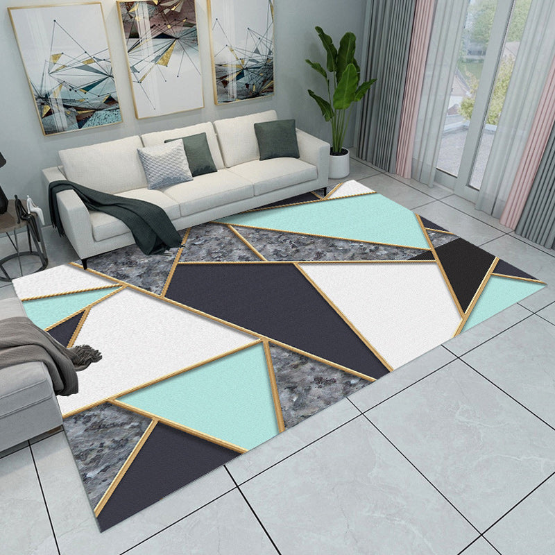 Modern living room rug in blue and gray color block triangle pattern rug polyester machine-supported rug | Bowlift