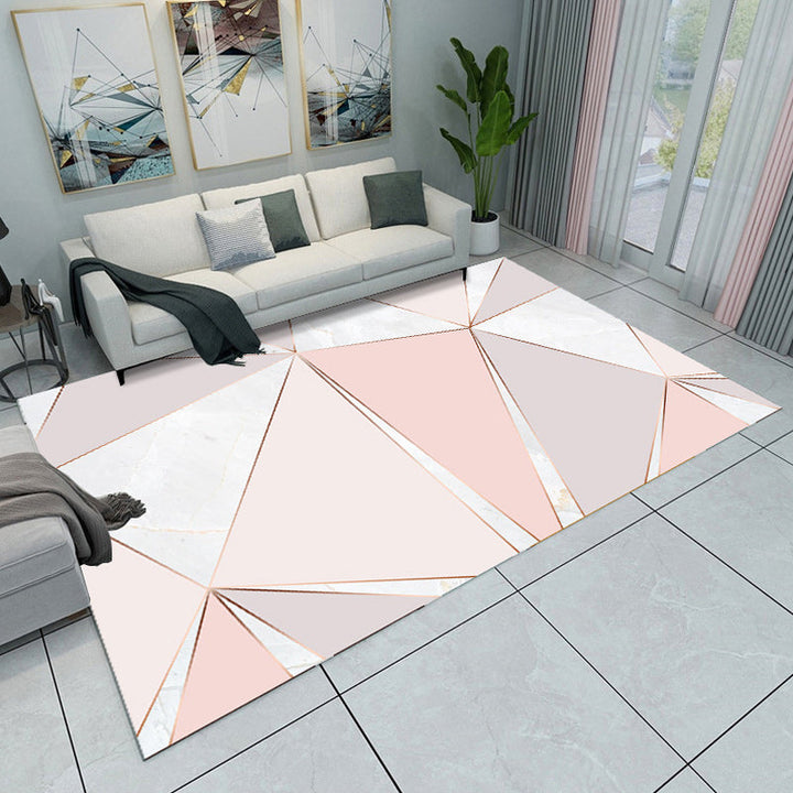 Modern living room carpet in pink and gray color block triangle print carpet polyester non-slip area rug | Bowlift
